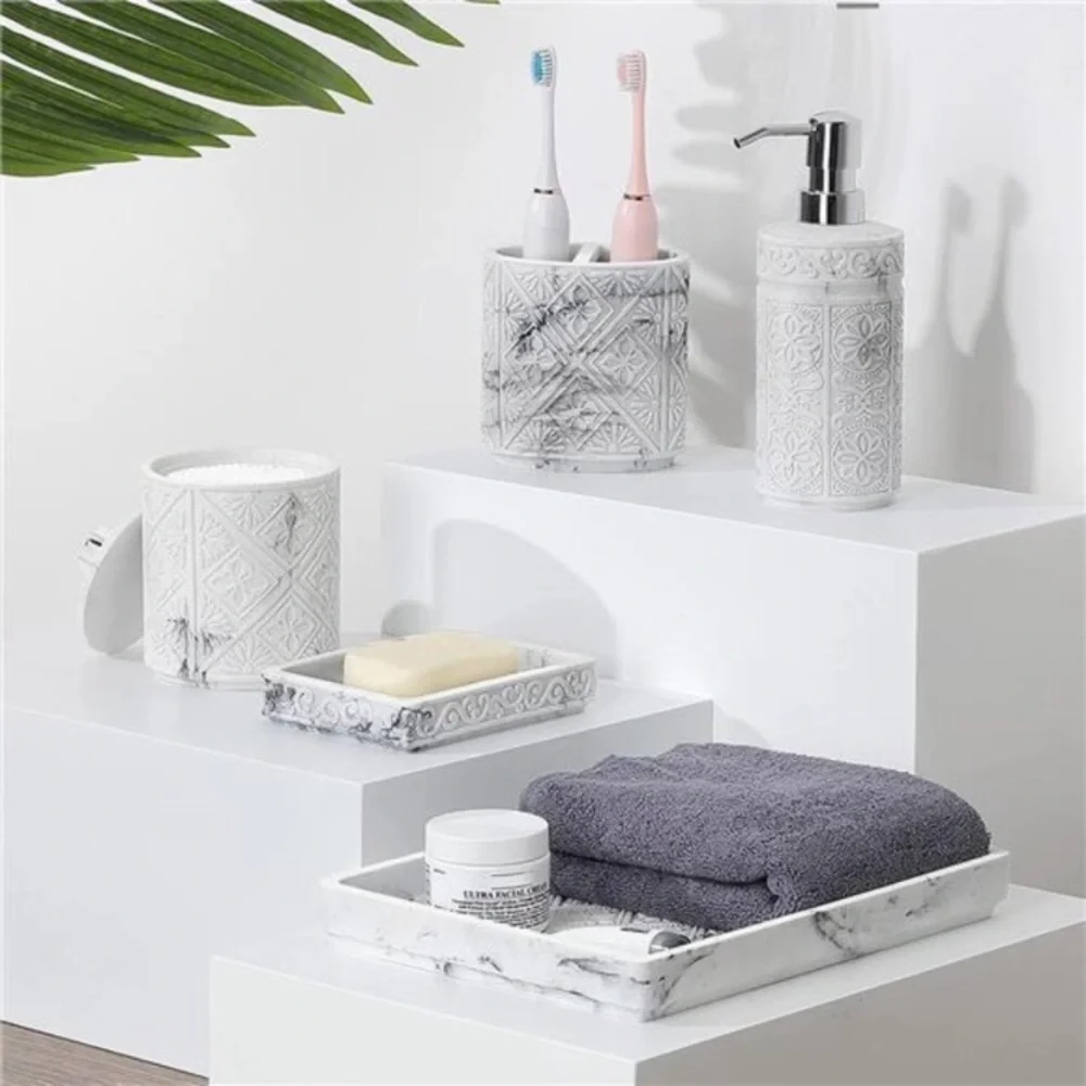 Bathroom Accessory Sets 5 Pcs, 3D Resin Vanity Tray, White